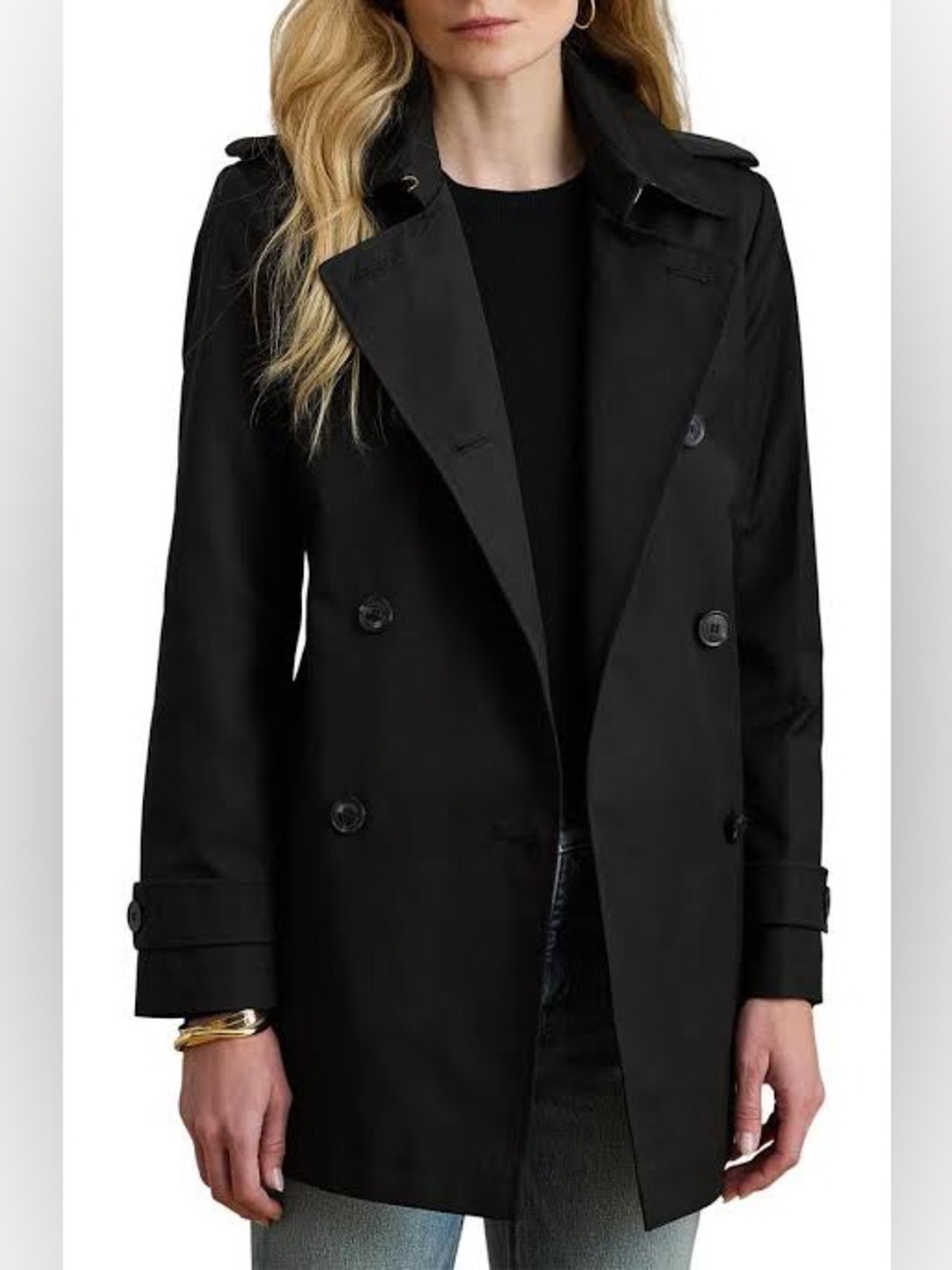 Lauren Ralph Lauren Short Double Breasted Cotton Blend Belted Trench Coat Black